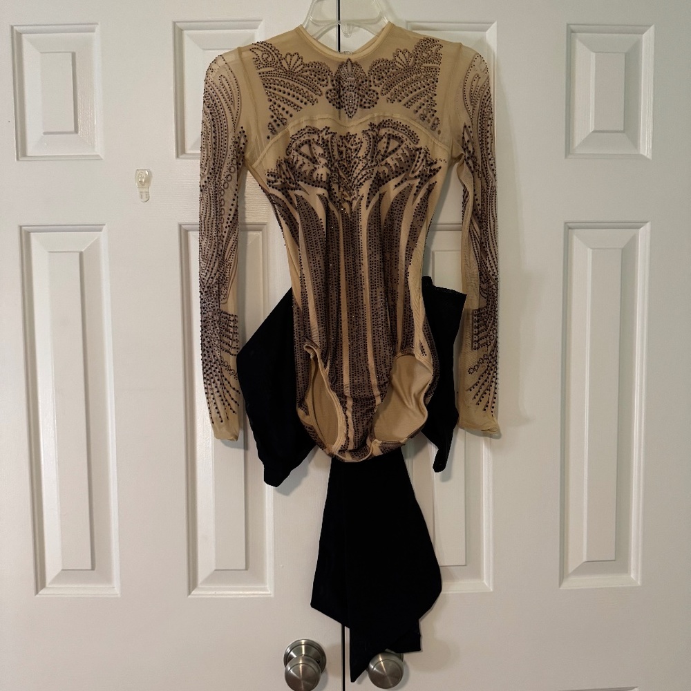 Nude & Black Embellished Dance Costume – Long Sleeve w/ Oversized Bow